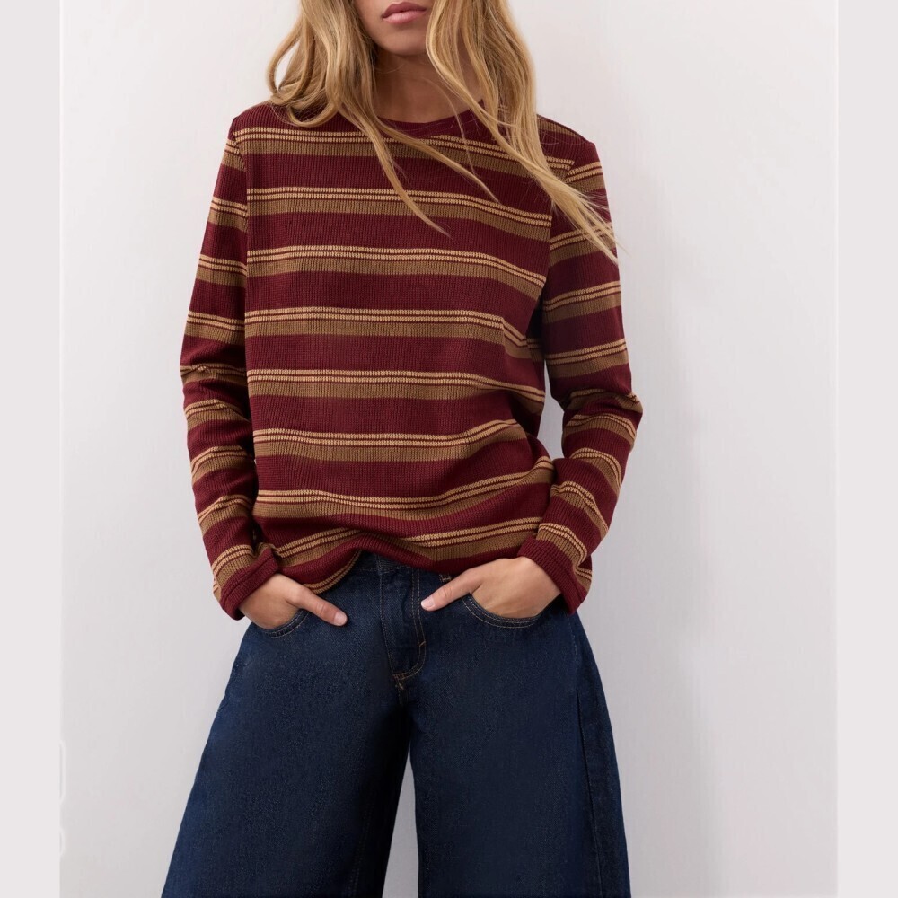 Burgundy / Brown / Tan Striped Ribbed Knit Crew Neck Long Sleeve Tee